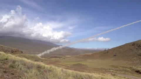M142 High Mobility Artillery Rocket System missile being launched Stock Footage 201928217