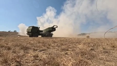 M142 HIMARS fires multiple rockets Stock Footage 334702350