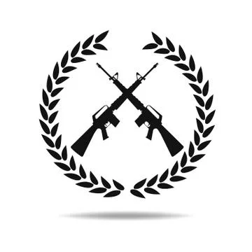 M16 on Laurel icon .Machine gun black silhouette. Vector illustration Stock Illustration