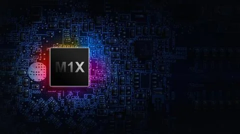 M1X cpu chip. Digital computer processor, network motherboard chip on dark te Stock Photos