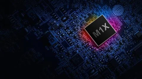 M1X laptop processor. Network digital technology with computer cpu chip on da Stock Photos