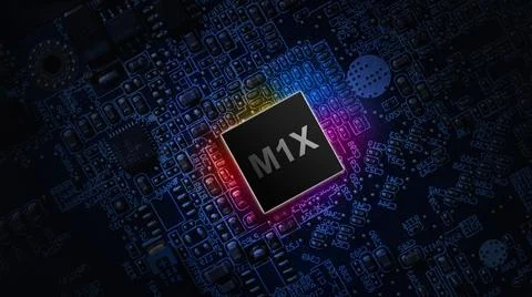 M1X processor chip. Network digital technology with computer cpu chip on dark 写真素材