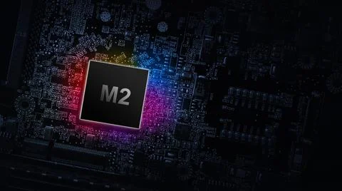 M2 core processor. Digital computer cpu, network motherboard chip on dark tec 写真素材