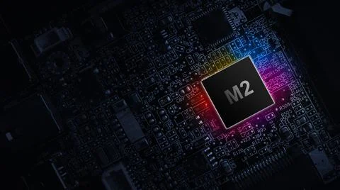 M2 cpu chip. Digital computer processor, network motherboard chip on dark tec 写真素材