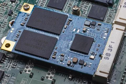 An M.2 format SSD module installed in a slot on the computer's motherboard. C Stock-Fotos