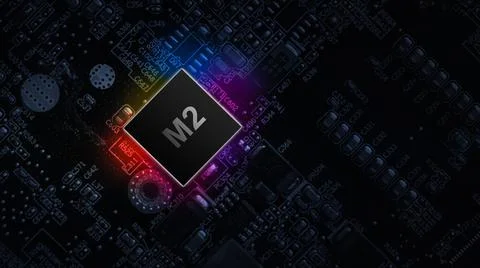 M2 laptop processor. Network digital technology with computer cpu chip on dar 写真素材
