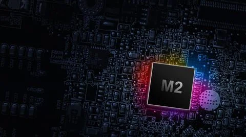 M2 processor chip. Network digital technology with computer cpu chip on dark  库存照片