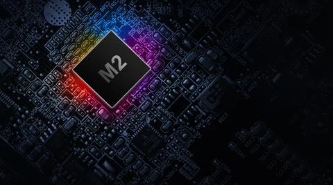 M2 processor chip. Network digital technology with computer cpu chip on dark  写真素材
