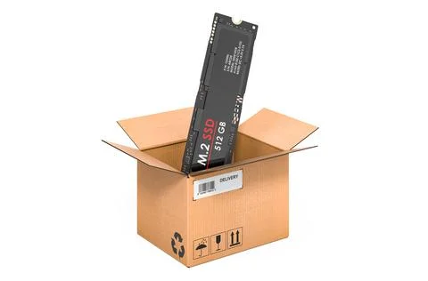 M2 SSD inside cardboard box, delivery concept. 3D rendering Stock Illustration