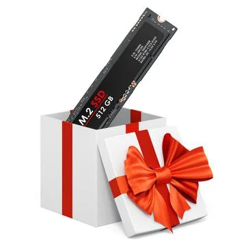 M2 SSD inside gift box, present concept. 3D rendering Illustrazione stock
