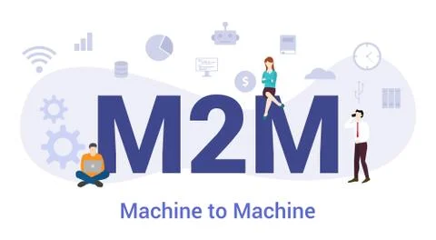 M2m machine to machine concept with big word or text and team people with mod Stock Illustration