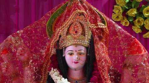Maa Durga Idol with Golden Crown and Jewelry Stock Footage 320363110