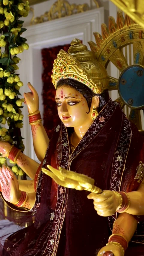 Maa Durga Vertical Statue in Navratri Pandal Stock Footage 317289732