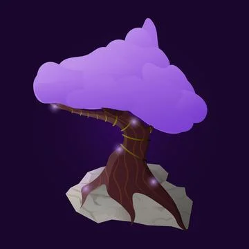 Maagical forest tree with violet leaves and glowing effect on dark background in Stock Illustration