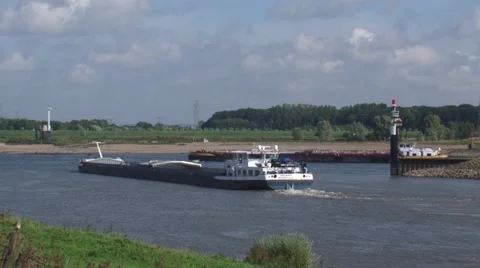 Maas-Waal canal intersection river Waal + inland ships Stock Footage 56428965