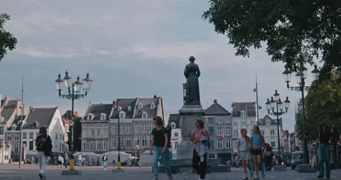 Maastricht Square with Statue and Pedestrians 8K Stock-Footage 343792053