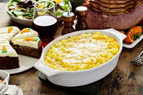 Mac and cheese on a festive Easter table Stock Photos