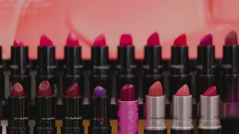 MAC Cosmetics lipstick on the stand. MAC lipstick testers displayed in a Stock Footage 171484492