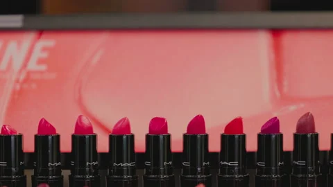 MAC Cosmetics lipstick on the stand. MAC lipstick testers displayed in a Stock Footage 171484708