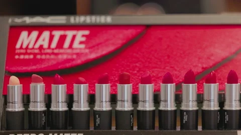 MAC Cosmetics lipstick on the stand. MAC lipstick testers displayed in a Stock Footage 171487487