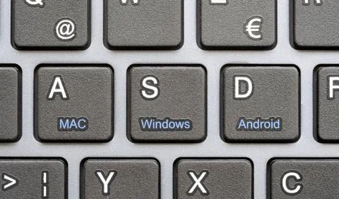 MAC, Windows and Android operating systems concept, computer keyboard top view Stock Photos