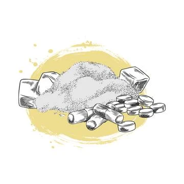 Maca root products, tablets, capsules and powder supplement vector ink sketch Stock Illustration