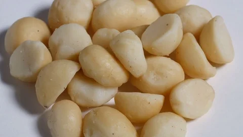 Macadamia nut kernels, overhead Stock Footage 76569762
