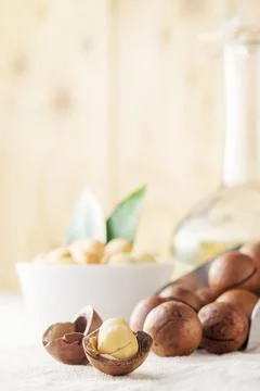 Macadamia nut scattered on a light table in the morning. Stock Photos