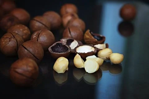 Macadamia nuts on a black background Stock Photos