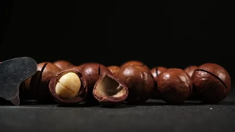 Macadamia nuts with a key on black background. Stock Footage 239825595