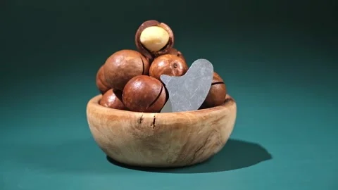 Macadamia nuts with a key on turquoise background Stock Footage 240396179