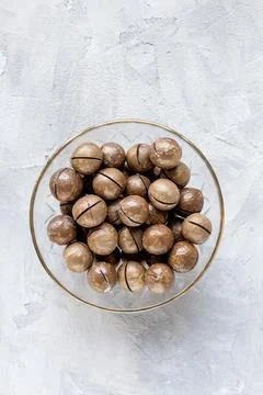 Macadamia nuts in shell in bowl on gray background Foto stock