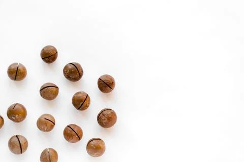 Macadamia nuts in the shell isolated on a white background close-up. Stock Photos
