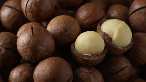 Macadamia nuts with shells in bowl , closeup, rotates Stock Footage 291808334