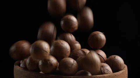 Macadamia nuts with shells fall into the bowl on black background, slow motion Stock Footage 292310621