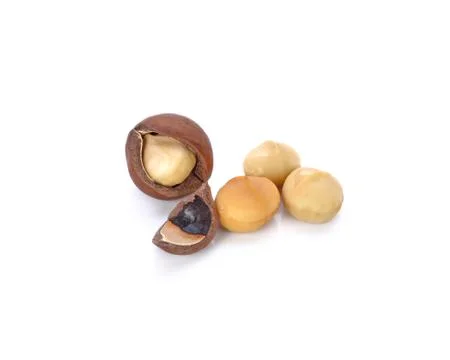 Macadamia nuts on white background Stock Photos