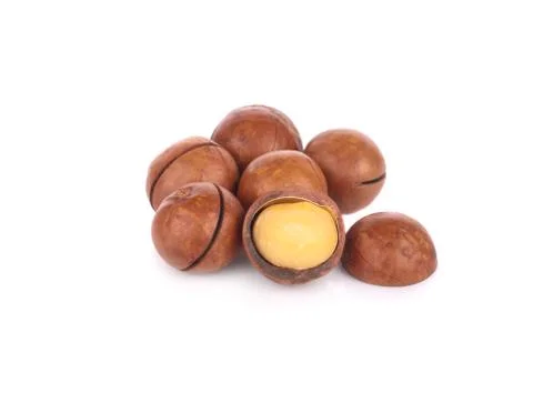The macadamia nuts on white background Stock Photos