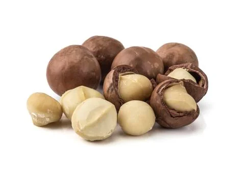 Macadamia nuts on white background Fotos de archivo