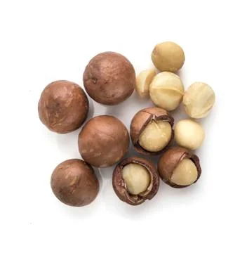 Macadamia nuts on white background Stockfoto's