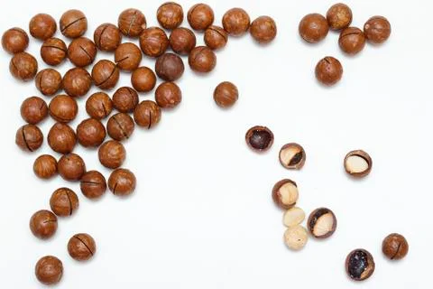 Macadamia nuts on white background. Top view. Stock Photos