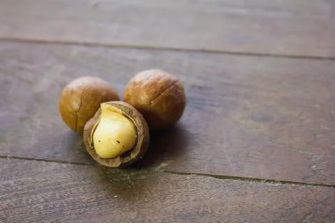 Macadamia nuts on wood background Stock Photos