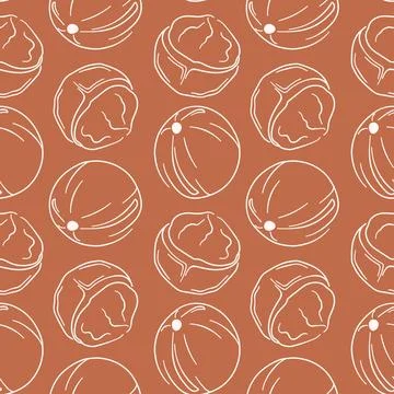 Macadamia seamless pattern in line art style on brown background. Nut hand drawn Stock Illustration