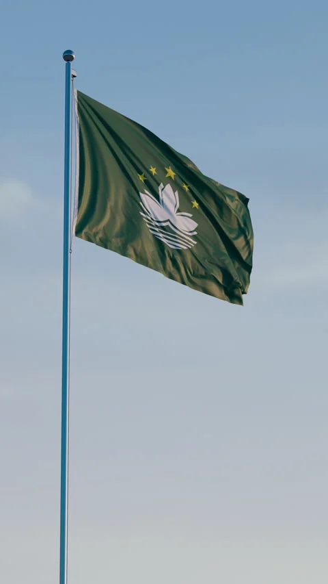 Macao, Macao: Cinematic Vertical Waving Regional Flag Against Blue Sky 스톡 동영상 322177754