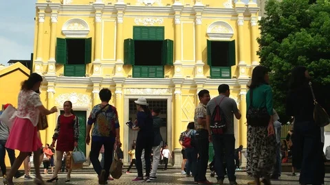Macao - People in front of St. Dominic's Church in sunny day. 4K Stock Footage 71120010