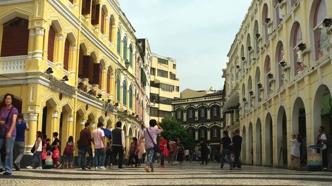 Macao - People at Largo do Senado square in sunny day. 4K resolution. Stock Footage 70968267
