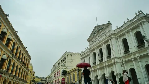 Macao - People with umbrellas at Largo do Senado square. Bottom view. Stock Footage 70530306