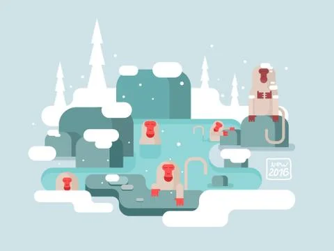 Macaques in warm water winter Stock Illustration