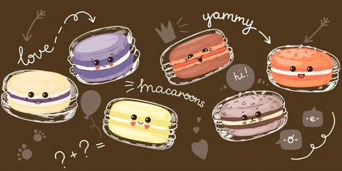 Macaron banner. Cute macaroon isolated elements with kawaii faces. Sweet char Stock Illustration