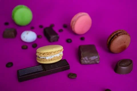 Macaron Cakes Or Macaroon On Colored Background, Sweet Stock Photos