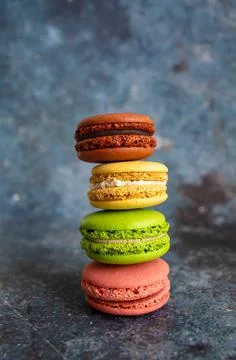 Macaron Cakes Or Macaroon On Colored Background, Sweet And Colorful Stock Photos